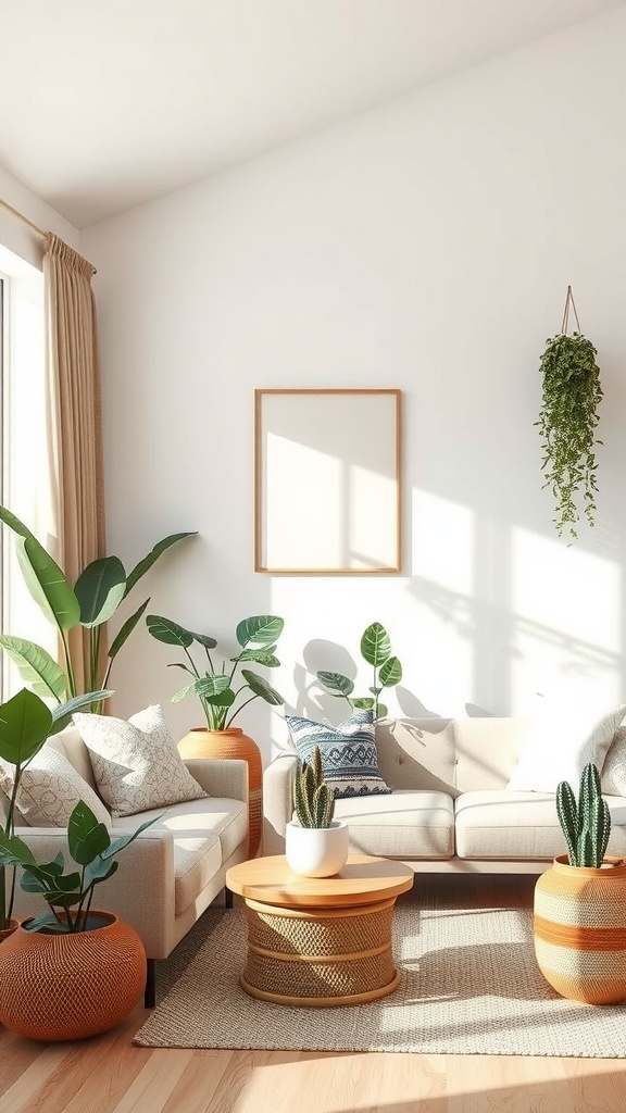 A bright and airy living room featuring plants, a light-colored sofa, and a wooden coffee table.