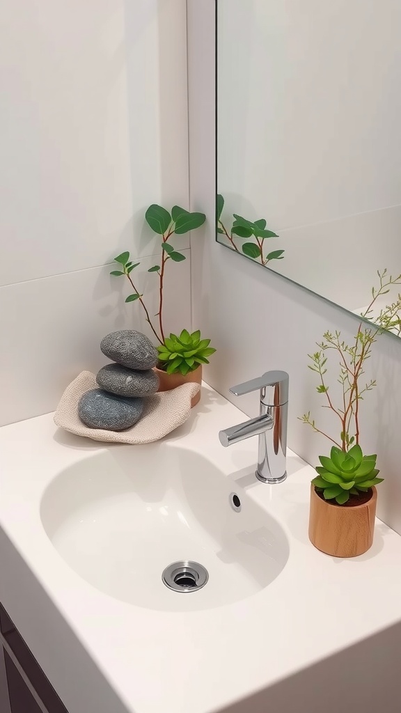 A bathroom sink area featuring smooth stones, small succulents in wooden pots, and a modern faucet.