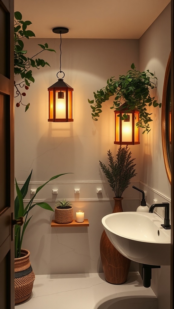 A bathroom featuring nature-inspired wood lanterns, plants, and modern decor.
