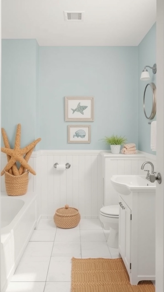 A bright bathroom with a soft blue color palette, white wainscoting, marine-themed art, and natural woven accessories.