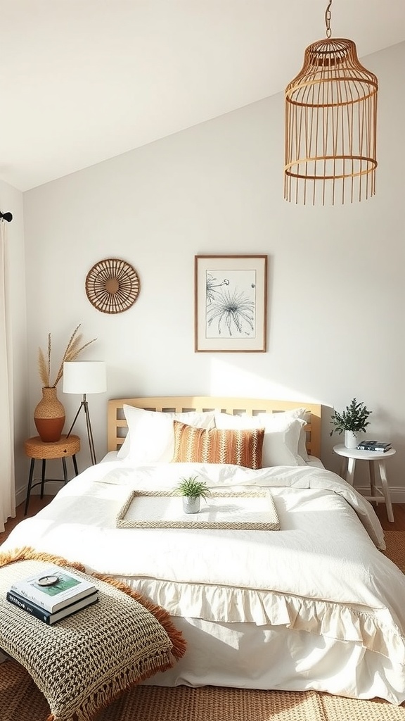 A cozy boho farmhouse bedroom featuring neutral tones, rattan elements, and a touch of greenery.
