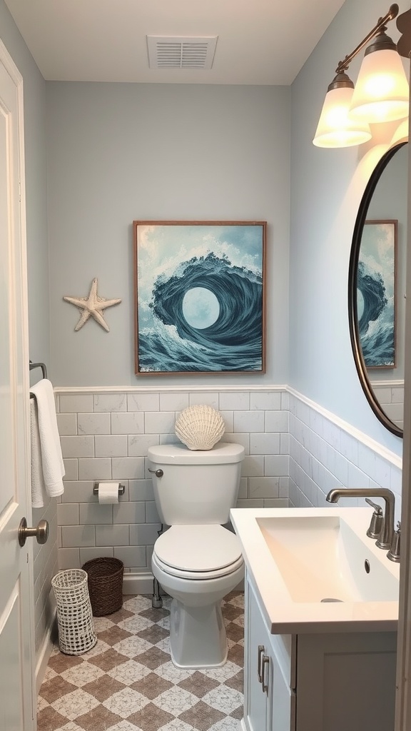 A bathroom with ocean-themed artwork featuring a wave painting, light blue walls, a starfish, and a shell.