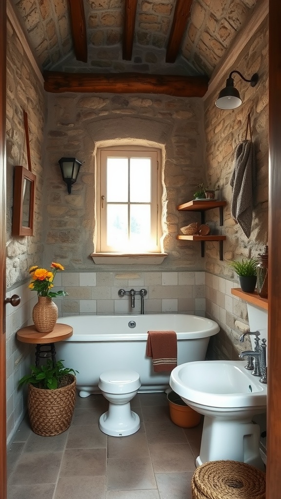 Vintage bathroom with stone walls, wooden shelves, and a clawfoot tub