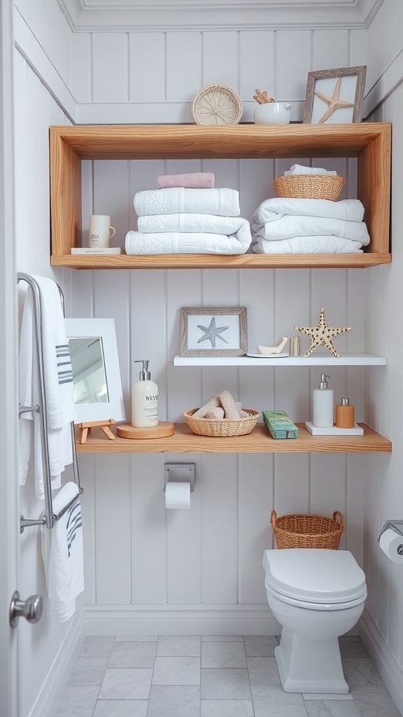 Coastal chic bathroom with open wooden shelving displaying towels, decor, and bathroom essentials.