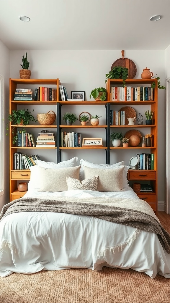 A boho farmhouse bedroom featuring open wooden shelving filled with books, plants, and decorative items above a cozy bed.