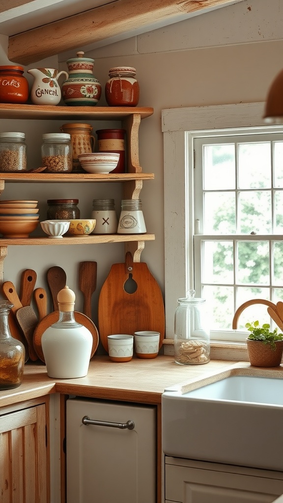 Open shelving in a country cottage kitchen displaying handcrafted pottery and jars.