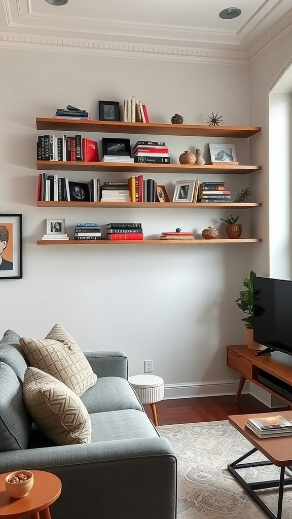 A small living room with stylish wooden shelves displaying books and decorative items.
