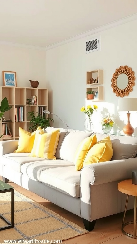 A living room featuring pale yellow throw pillows on a light sofa, with natural light and plants in the background.