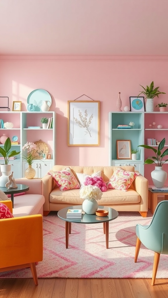 A pastel-themed living room with pink walls, colorful furniture, and decorative accessories.
