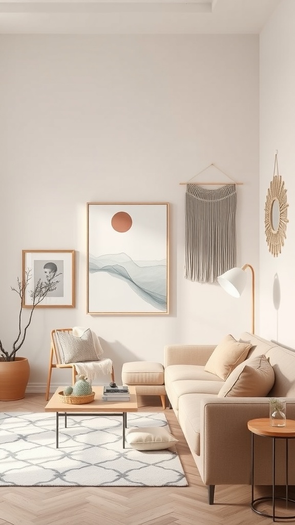 A modern pastel-themed living room with art and wall hangings
