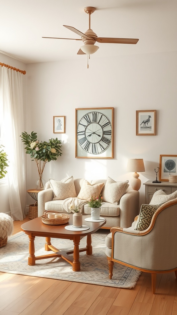 Cozy living room with pastel neutral colors, vintage decor, and natural light.