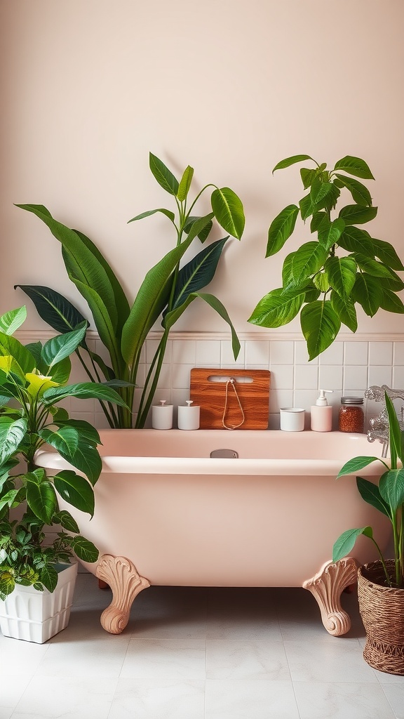 Pastel pink bathtub surrounded by green plants in a serene bathroom setting