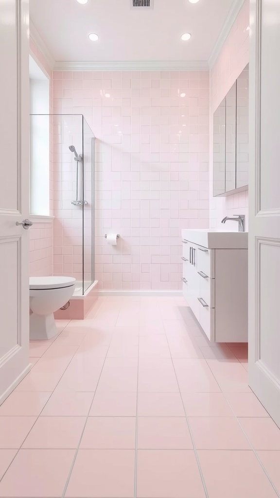 A modern bathroom featuring pastel pink tiles on the walls and floor, with white fixtures and a glass shower.