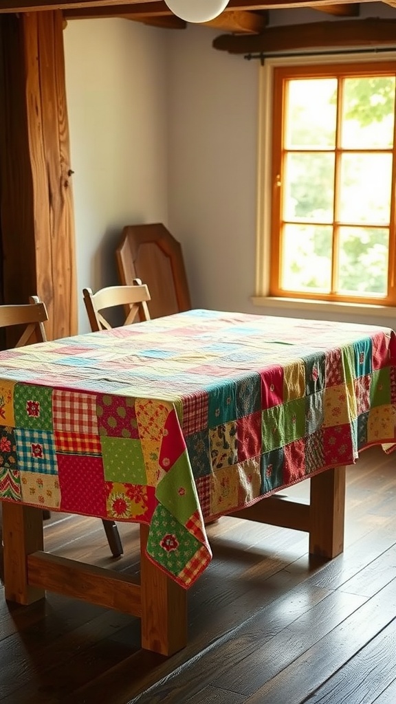 A patchwork tablecloth covering a wooden dining table, set in a cozy kitchen.