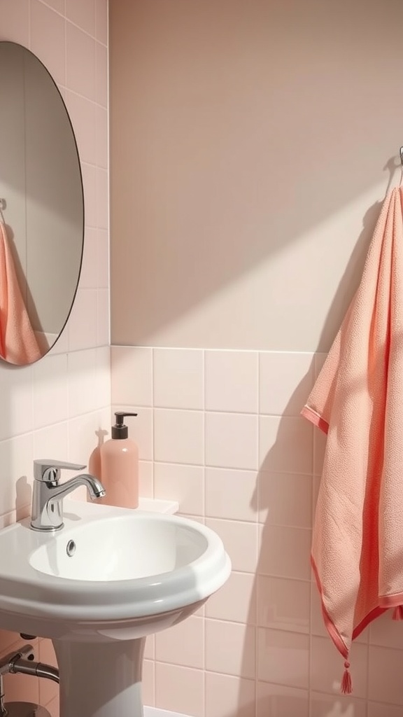 A peachy pink bathroom with light pink tiles, a modern faucet, and a peach towel.