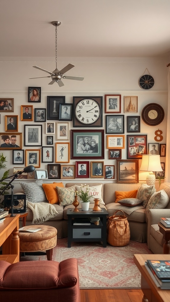 A cozy living room with a collage of framed photos on the wall, comfortable couch, and decorative items on a small table.