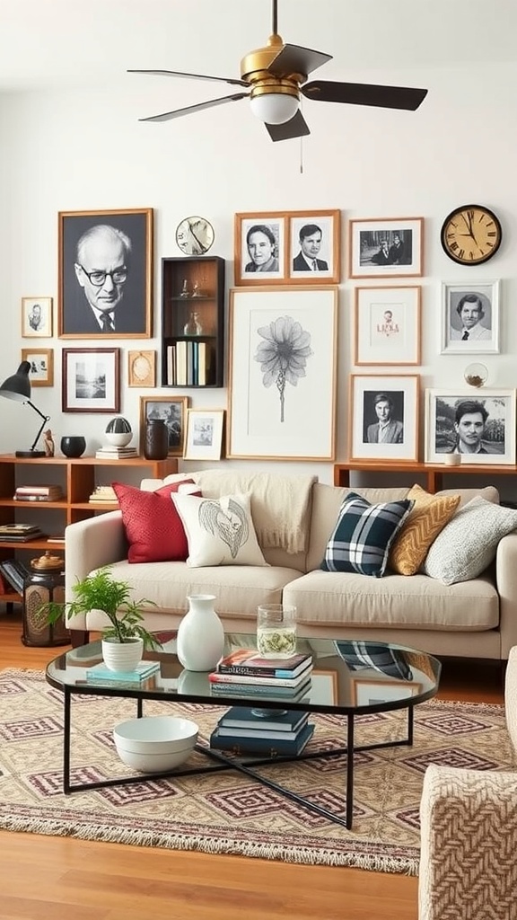 A cozy living room featuring a gallery wall, comfortable couch, coffee table with decor, and green plant.