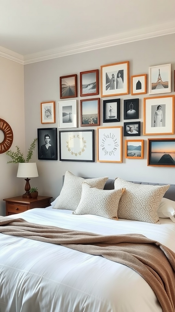 A boho farmhouse bedroom with a personalized gallery wall featuring various framed photographs and art.