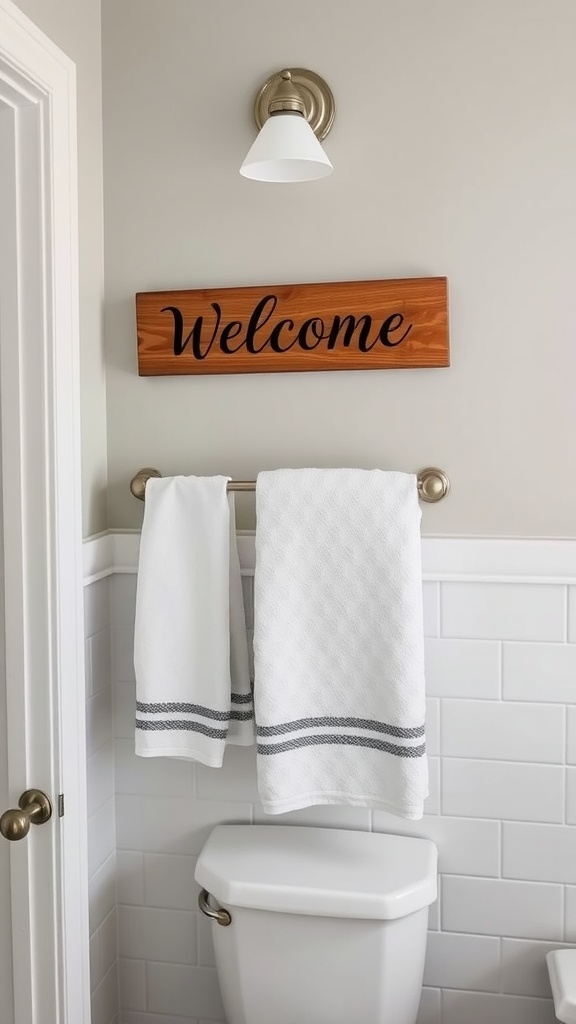 A bathroom with a wooden sign that says 'Welcome' above a towel rack with white towels.