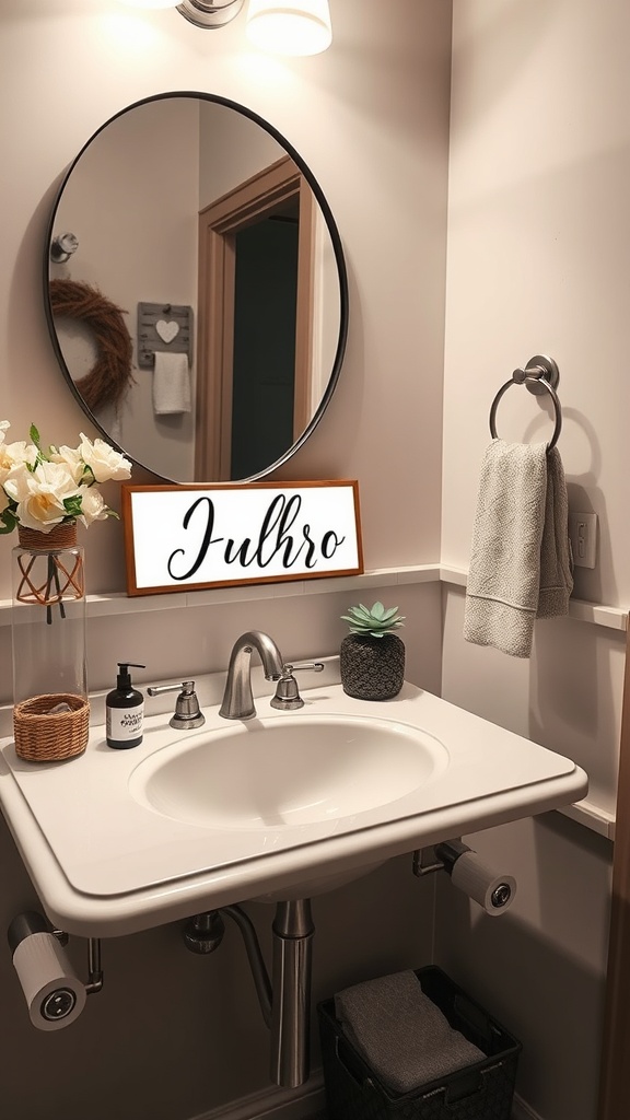 A bathroom sink with a personalized name sign above it, surrounded by decorative items.