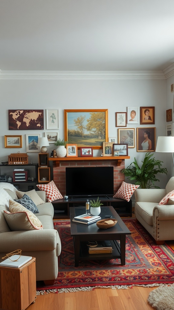 A boho modern living room with a cozy setup, featuring diverse artwork on the walls, comfortable sofas with colorful pillows, and a coffee table adorned with décor.