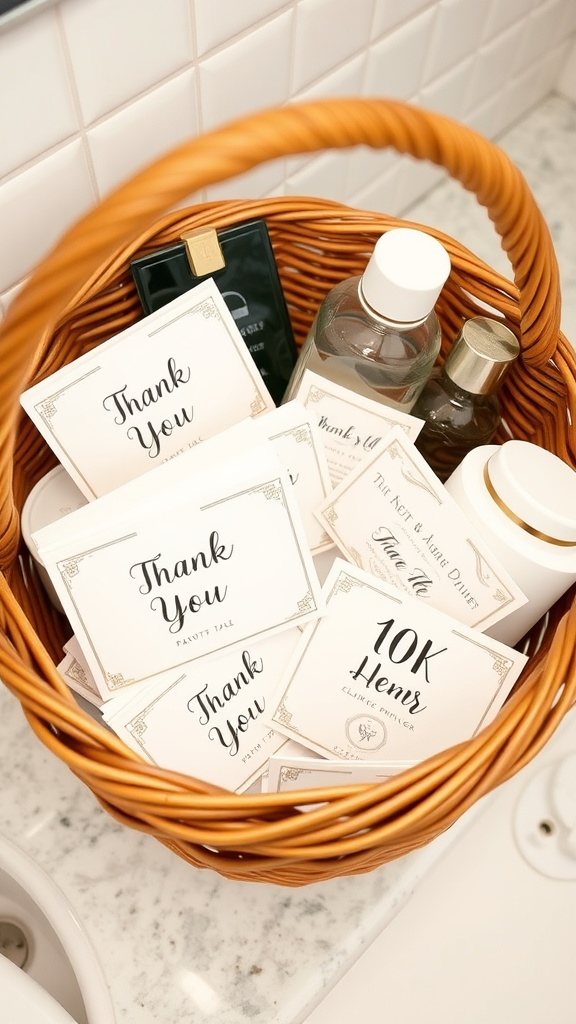 A wicker basket filled with thank you notes and bathroom essentials.