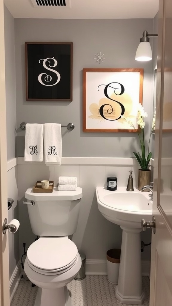Small bathroom with decorative accents including framed art, towels, and plants.