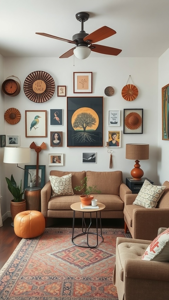 Cozy small living room with a gallery wall, warm colors, and unique decorative items