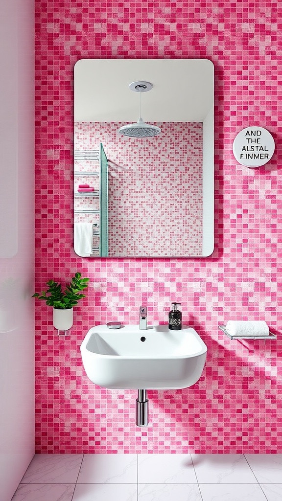 A bright pink mosaic bathroom backsplash with a white sink and mirror, showcasing a modern and playful design.