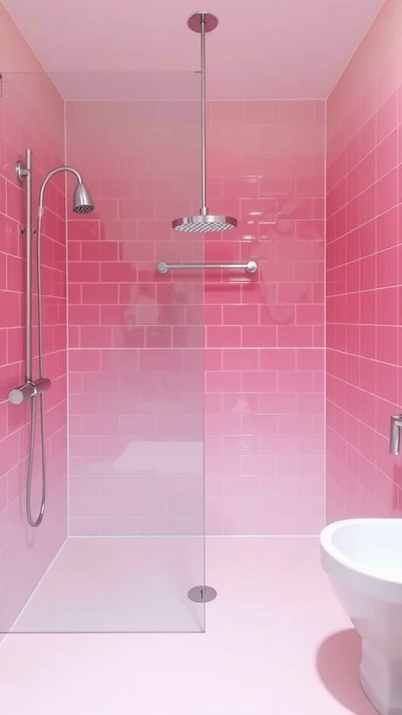 A modern shower with pink ombre tiles and silver fixtures