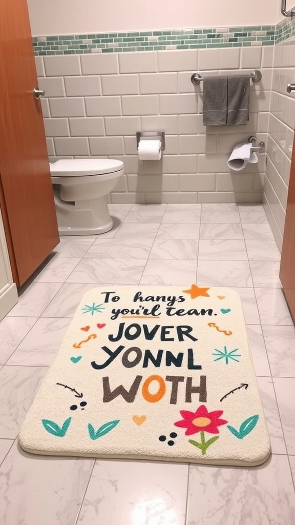 A colorful bath mat with playful text and flower designs in a college bathroom