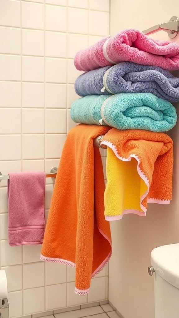 A stack of colorful towels in a bathroom setting, featuring pink, blue, green, orange, and yellow towels neatly arranged.