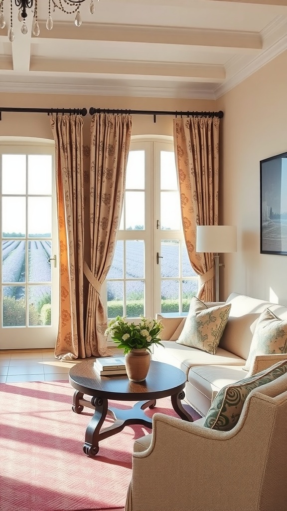 A cozy living room with elegant curtains, a comfortable sofa, and a round coffee table, showcasing Provencal inspired textiles.