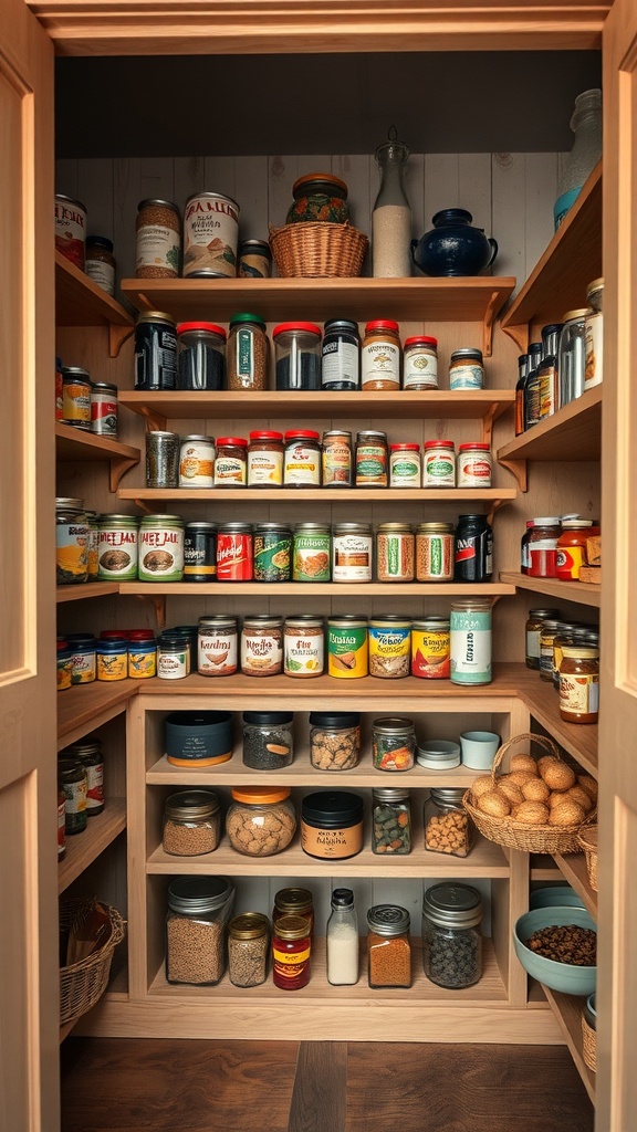 A quaint pantry featuring wooden shelves filled with jars of spices, preserves, and various kitchen ingredients.