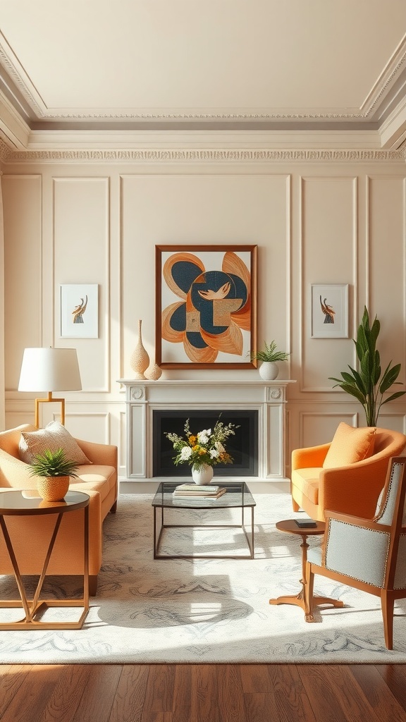 A stylish living room featuring peach and muted orange furniture, artwork, and decorative plants.