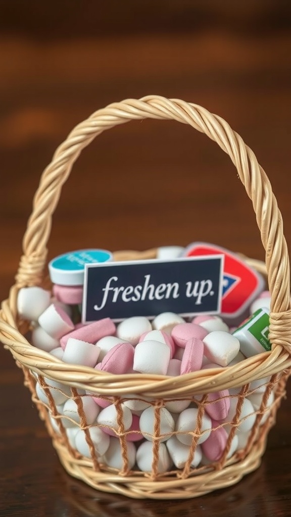 A small woven basket filled with colorful breath mints and gum, with a sign that says 'freshen up.'