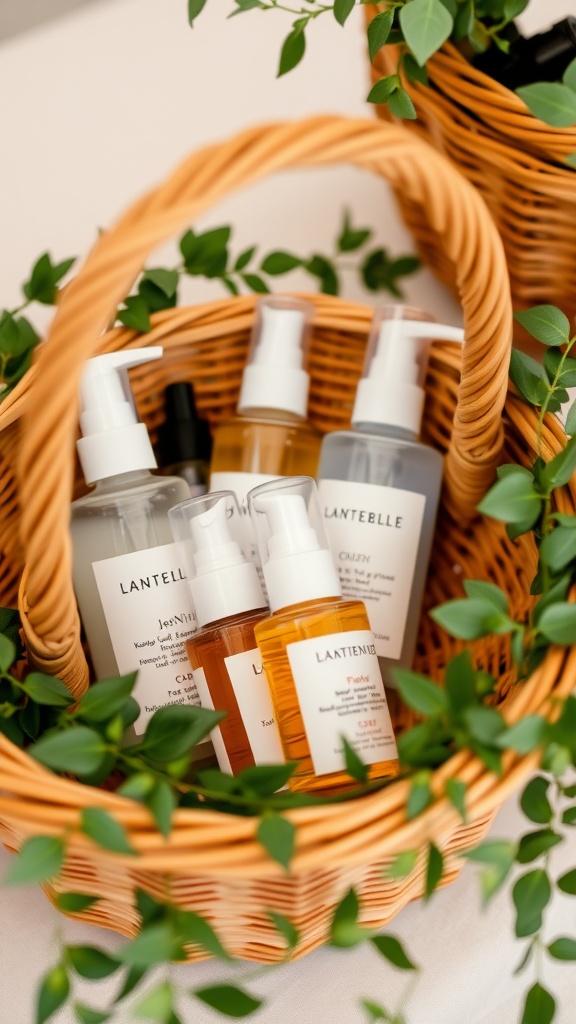 A wicker basket filled with various facial sprays and greenery, perfect for a wedding bathroom basket.