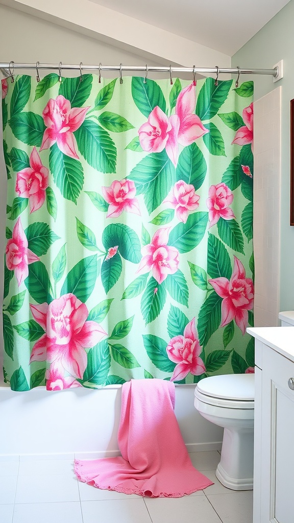 A vibrant green shower curtain with pink flowers and leaves in a bathroom setting.
