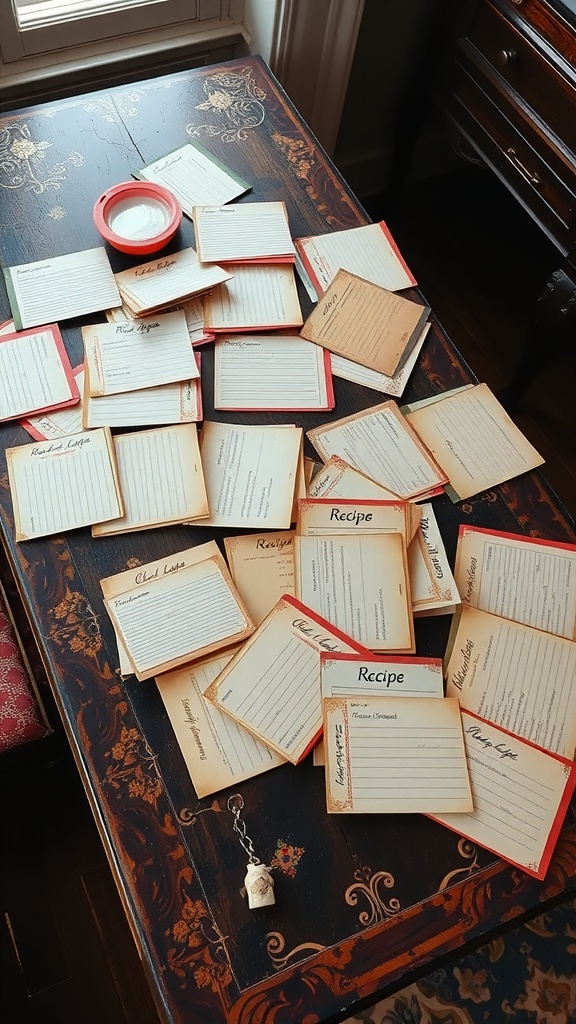 A collection of retro recipe cards scattered on a table with a bowl.