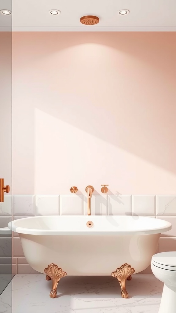 A chic pink bathroom featuring a white freestanding bathtub with rose gold fixtures and accents.
