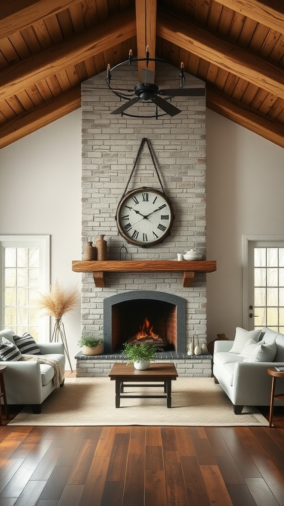 A cozy living room featuring wooden beams, a stone fireplace, and rustic decor.