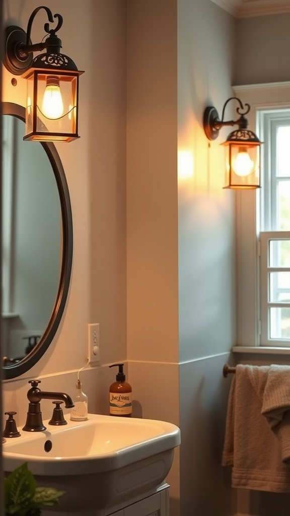 Rustic farmhouse wall lanterns in a bathroom setting