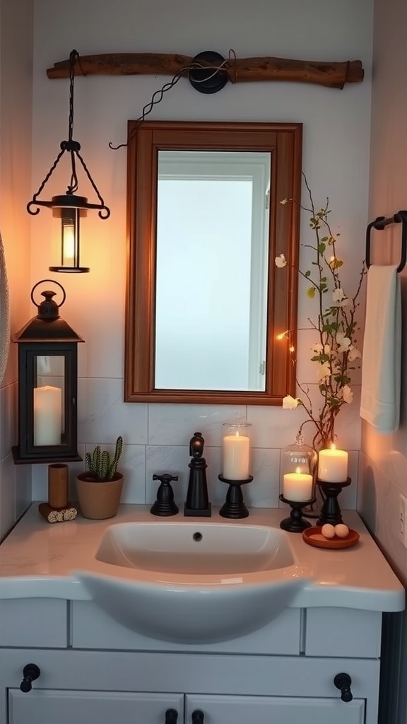 A bathroom with rustic lanterns, candles, and a wooden mirror, creating a cozy atmosphere.