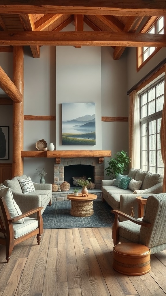 A cozy living room featuring wooden beams, a stone fireplace, and neutral-colored furniture, creating a rustic vibe.