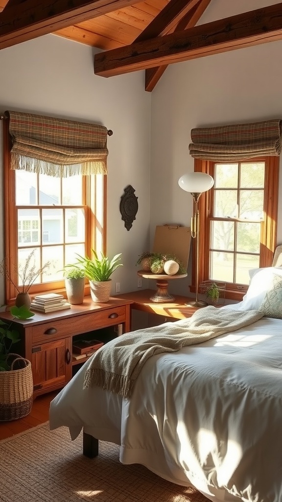 A cozy boho farmhouse bedroom featuring rustic window treatments, wooden beams, and soft lighting.
