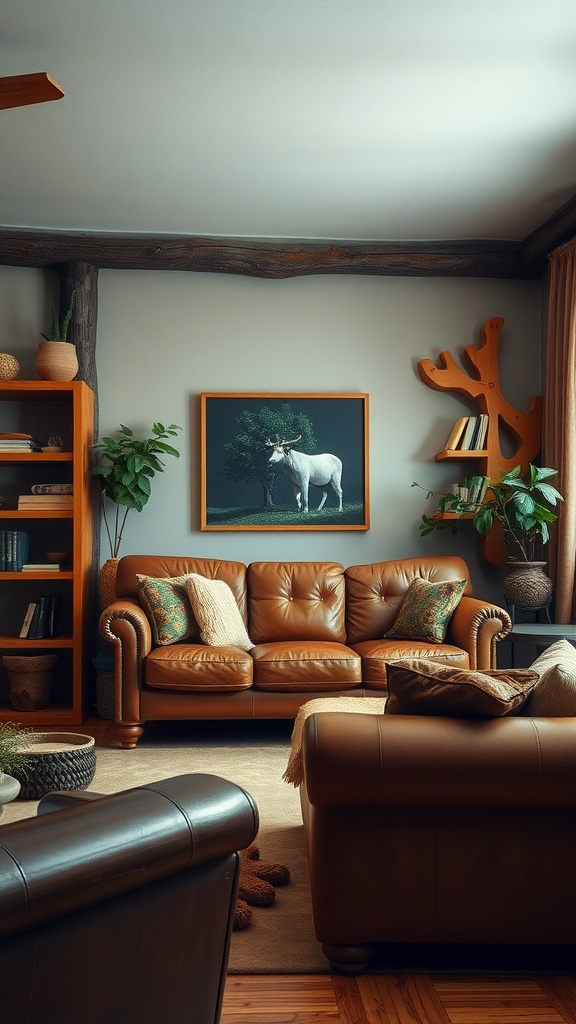 A cozy living room featuring a brown leather couch, rustic wood accents, and decorative plants.