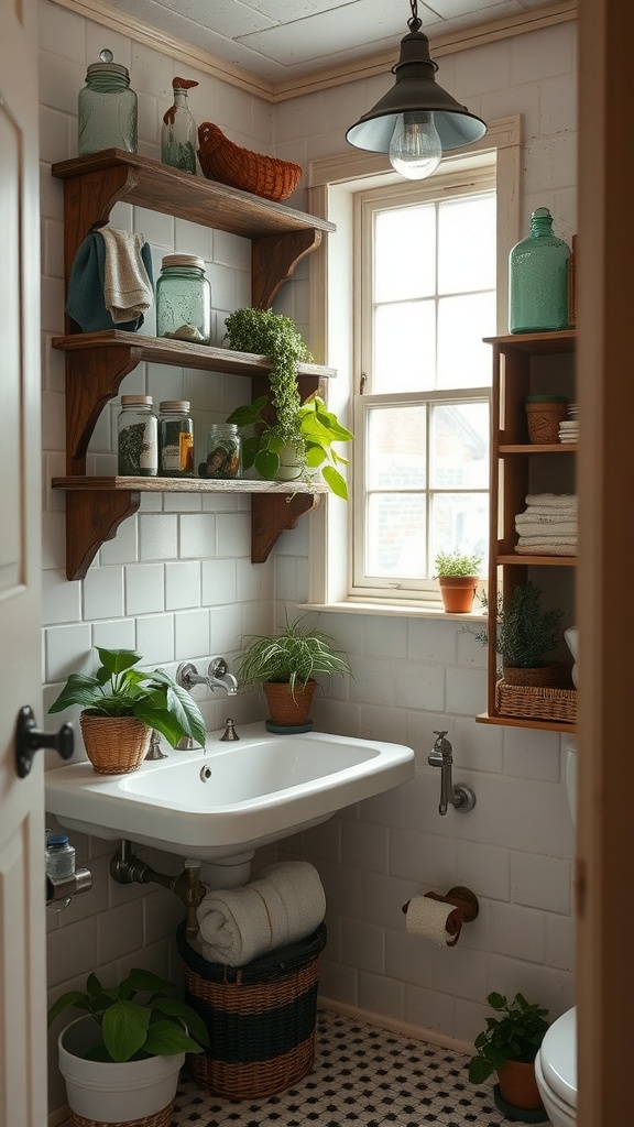 Rustic wood shelving in a vintage bathroom with plants and jars