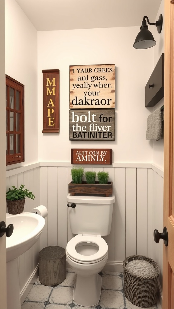 A bathroom featuring various rustic wood signs on the wall with a cozy decor.