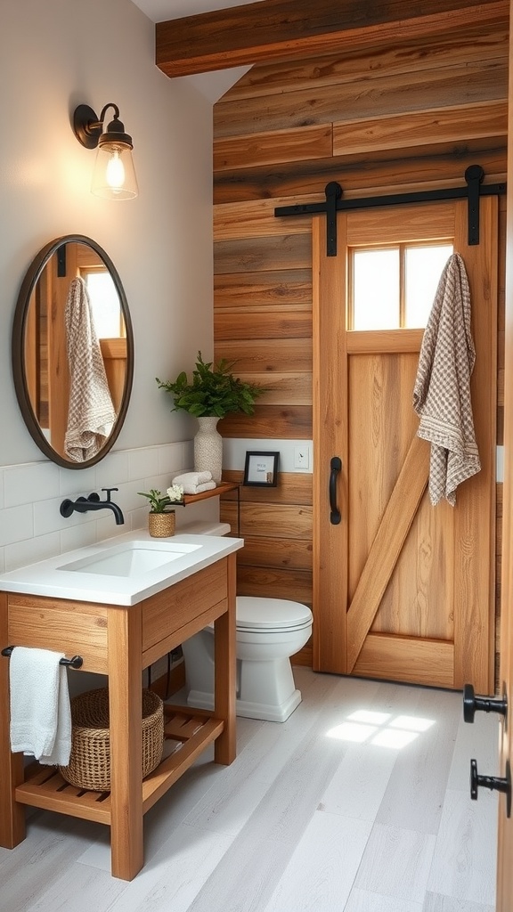 A cozy bathroom featuring rustic wooden accents with a wooden vanity, barn-style door, and round mirror.