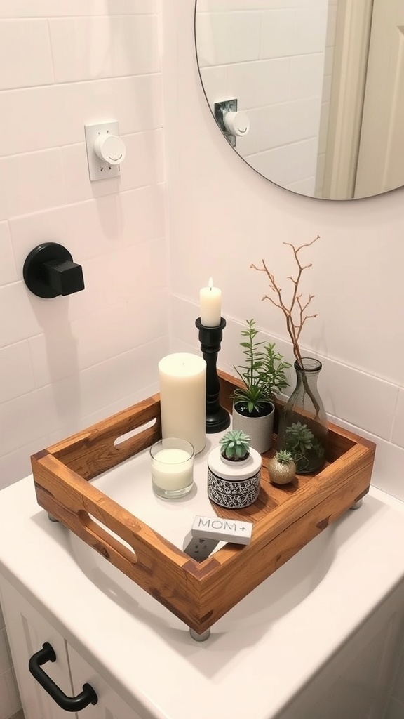 A wooden tray arrangement in a bathroom showcasing plants, a candle, and decorative items.
